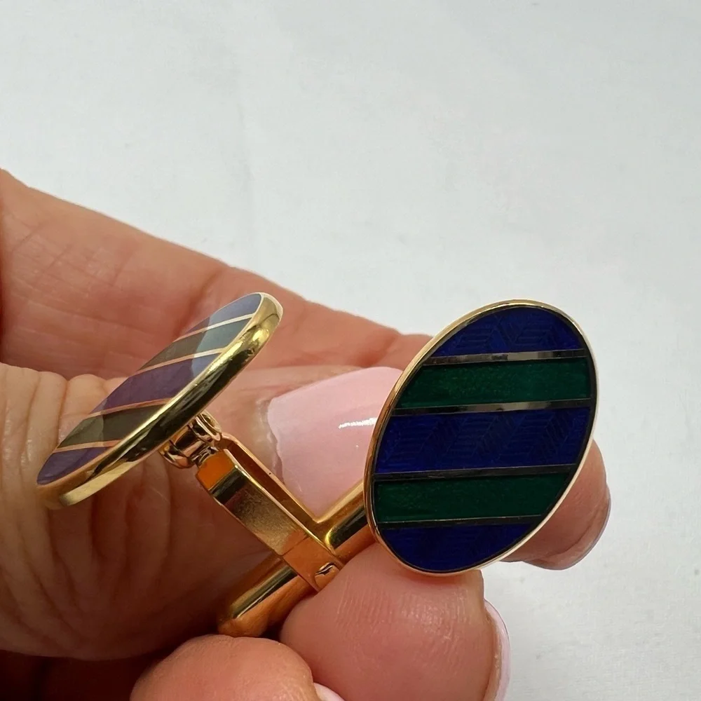 Vintage Shields Gold Tone Navy Blue green Enamel Diagonal Stripe Cufflinks